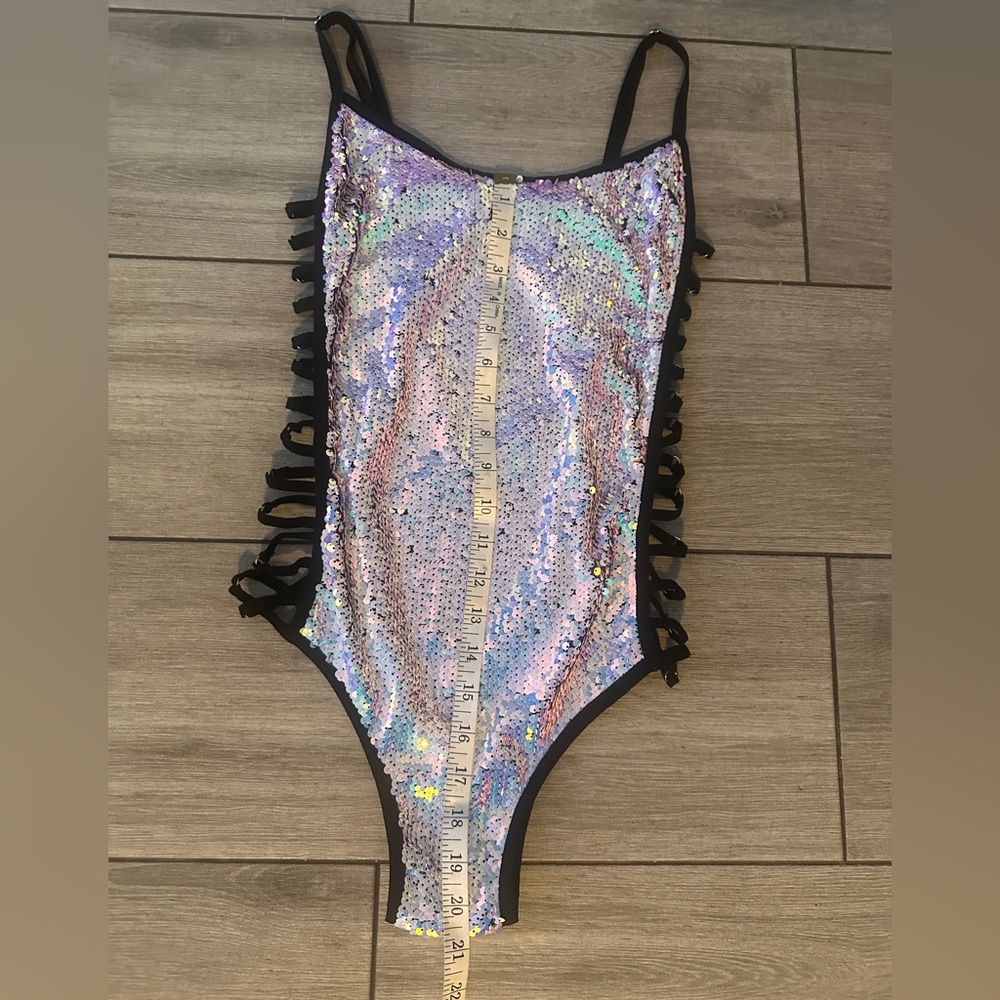 Holographic Sequin heartraves Bodysuit Festival Sparkly - Picture 8 of 9